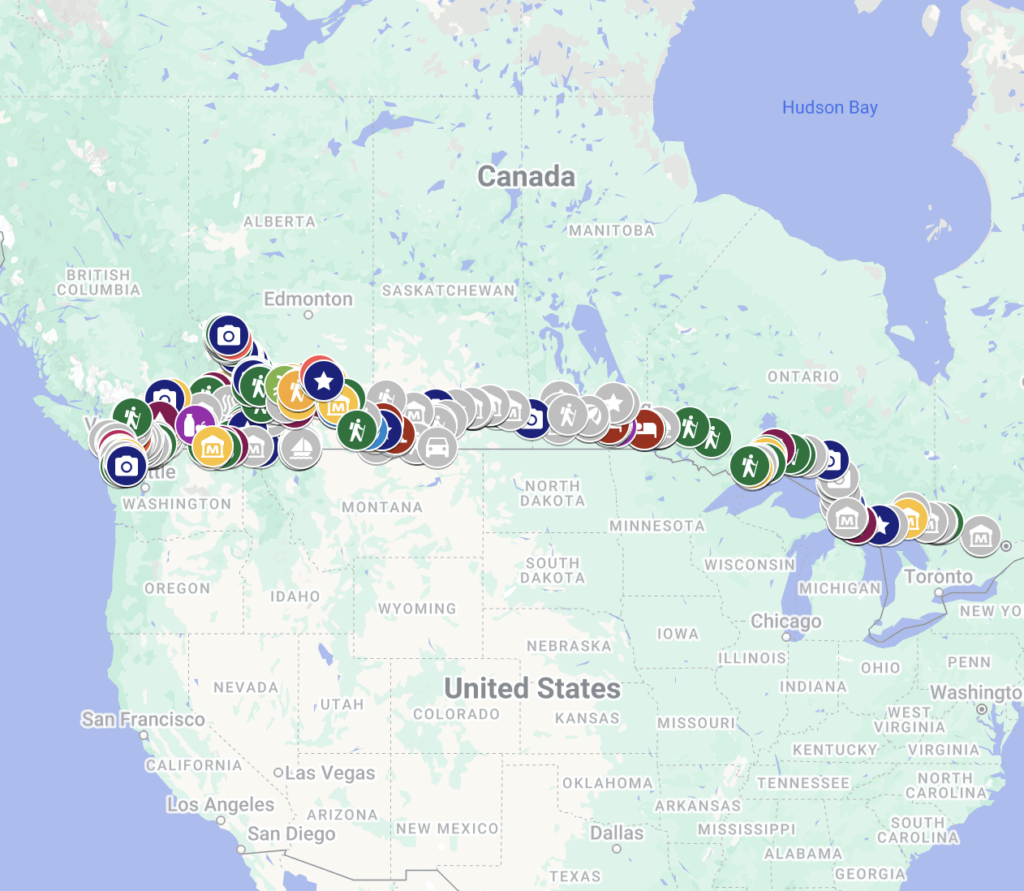 Cross Canada Road Trip Map with more than 500 pins of fun things to do along the Trans-Canada Highway SQUARE
